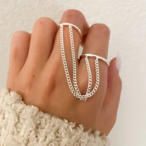 925 Sterling Silver Modern Double Chain Ring Dangle Chain Thin Stackable Ring - Picture 5 of 5